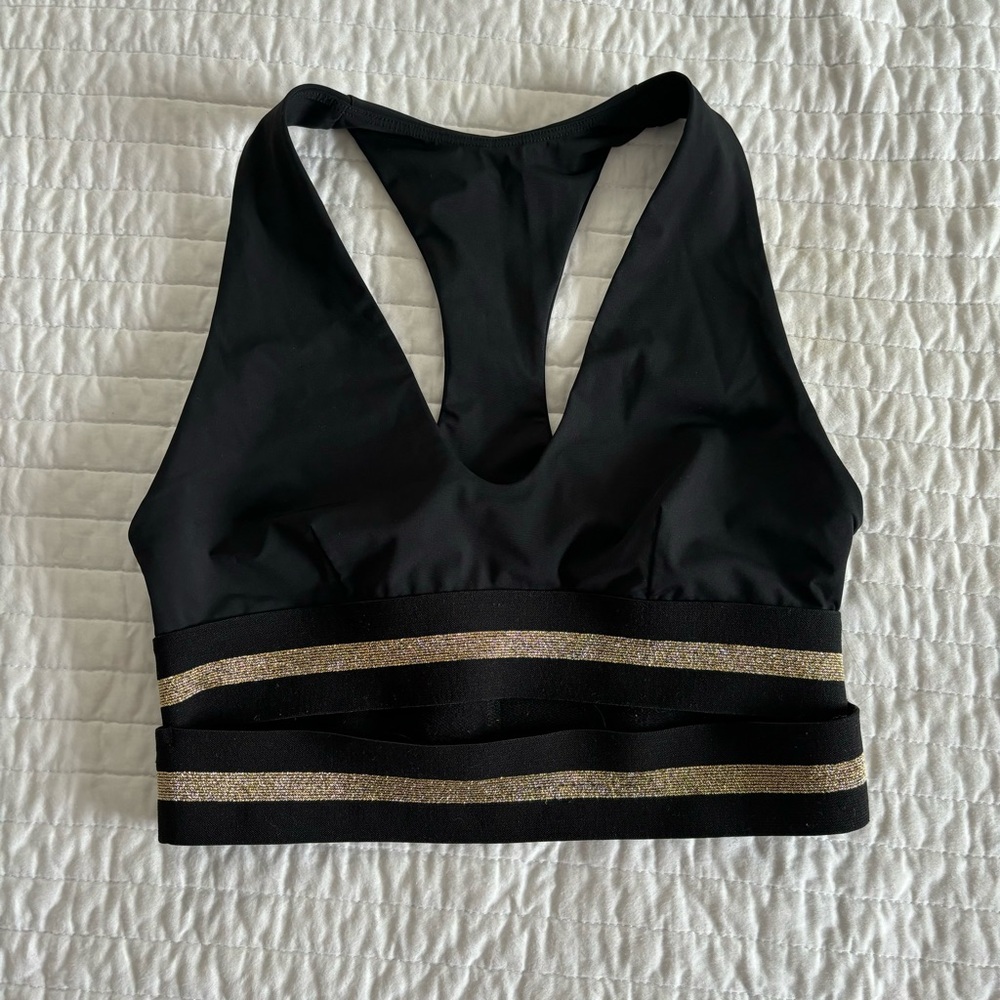 Aje Black Sports Bra with Gold Stripes